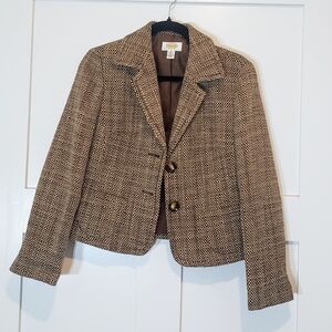 Talbots Vintage Tweed Plaid Wool Blend Blazer Size 8P Brown Tan Made In USA